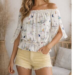 DO+BE Off Shoulder Blouse Small Coastal Sailboat City Print Ruffle Peplum TopQ